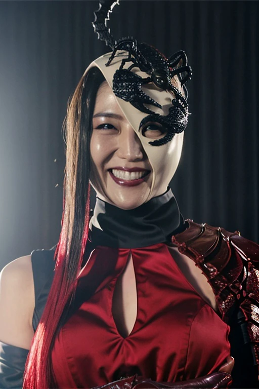 SasoriAugment01, a woman, asymmetrical costume, long black glove, red scorpion arm, black and white scorpion mask, red top, red corset, long black skirt, gray cape, black collar, two-tone hair, red lipstick, fashion photoshoot, posing:3, face focus, hand on chest, beautiful, evil grin