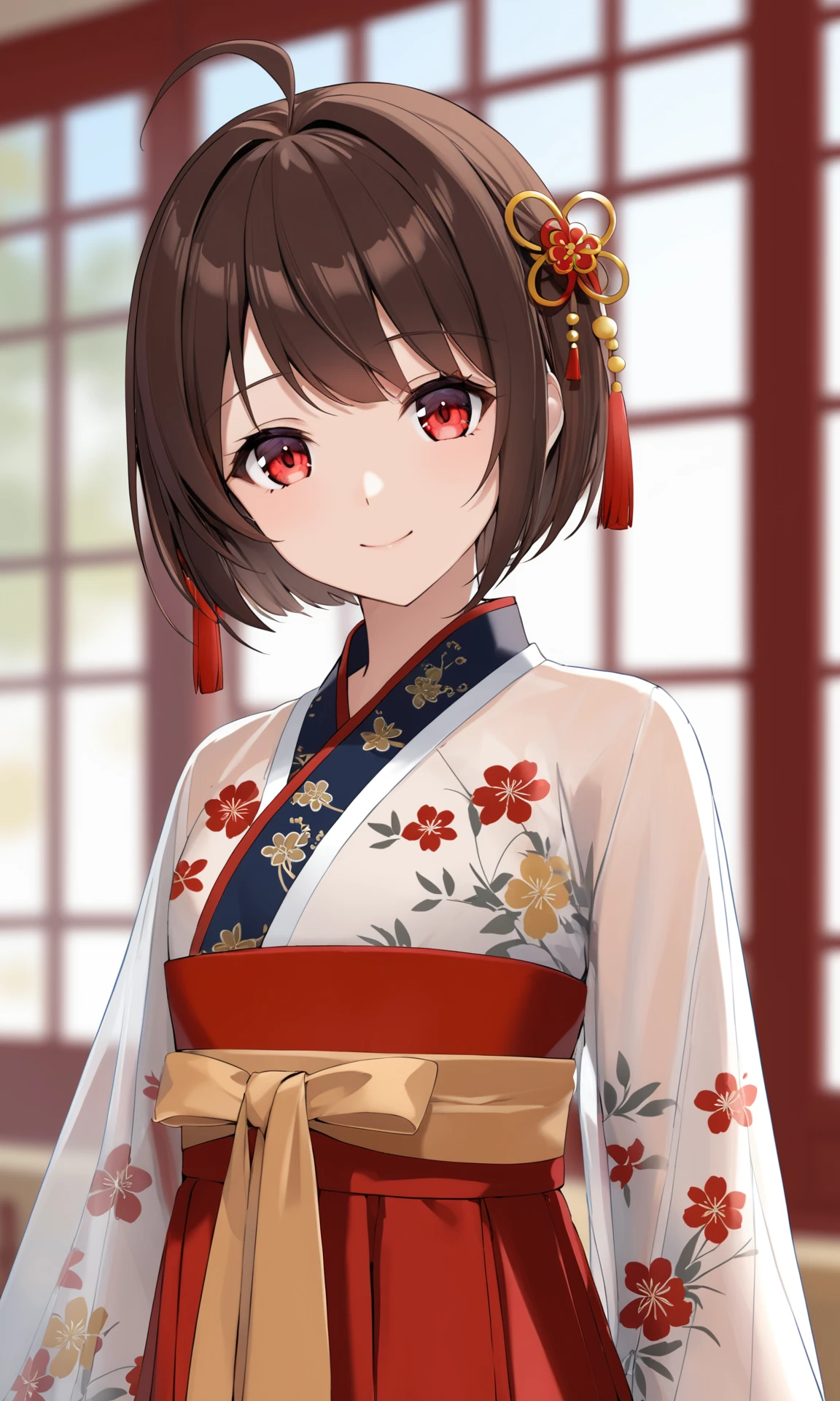 artist mmd,1girl,solo,red eyes,looking at viewer,hair ornament,short hair,upper body,brown hair,blurry,ahoge,bangs,chinese clothes,see-through,depth of field,hanfu,smile,floral print,closed mouth,
