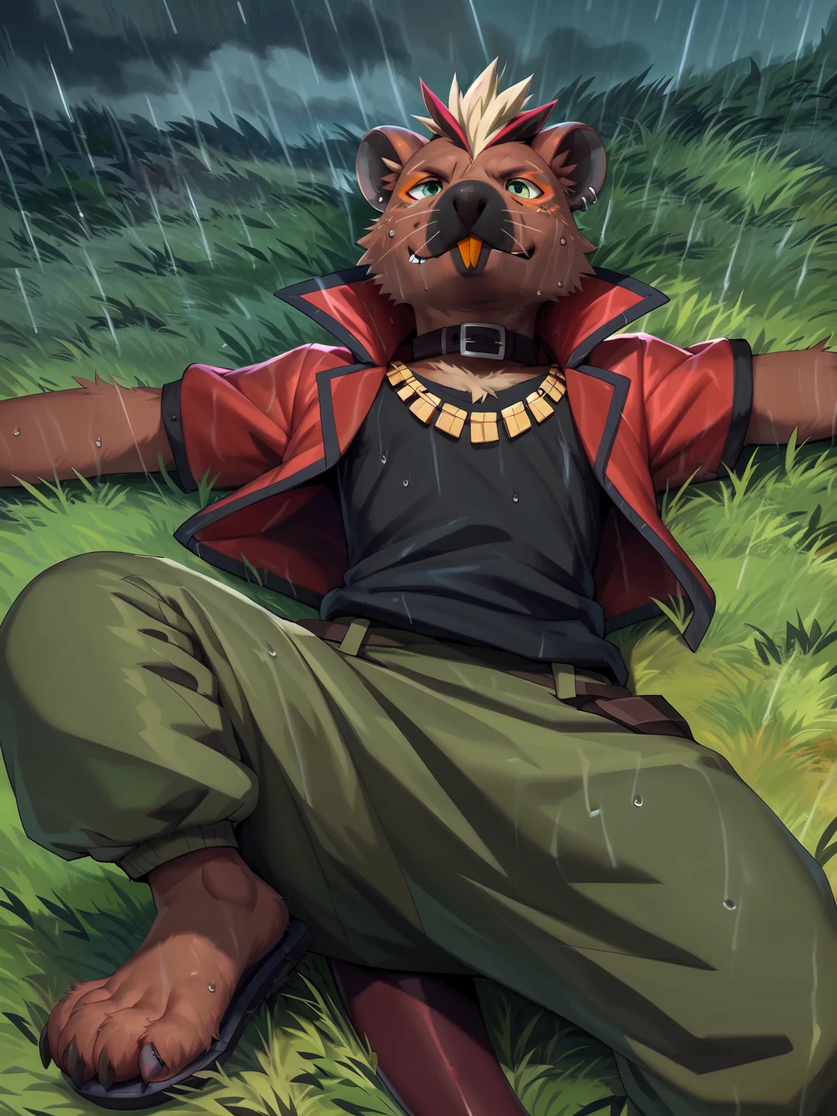 <lora:batetemodav9_YM:0.79> ,solo,male,batetemoda,sprawled, spread arms, annoyed,front view,(lying, on ground,on back,head back), detailed fur,green eyes,buckteeth, (segmented tail),red vest,black shirt,sandals,gold chain,buckle collar,green bottomwear, hi res,ultradetailed, insanely detailed,ultra realism shading,cinematic lighting, grass, dirt,rain,raining,wet,wet clothes,dirty,beat up, scuff marks,somber atmosphere,dark and cloudy, specular lighting,global illumination, symmetrical, by chung0 0, by null-ghost, by littleblackalas, by [bakemonoy|darkgem|mystikfox61|nurinaki], by Enki Bilal, Michael & Inessa Garmash, Ruan Jia, Pino Daeni, by ruan jia, by wolfy-nail, by zackary911, by xnirox, by anhes, by lando, by yamatokuroko965, by k0bit0wani, by lynncore, by redraptor16, by red-izak, by darkgem