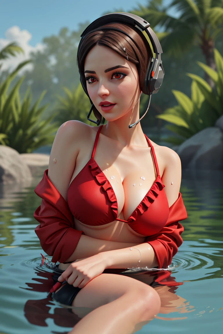 <lora:VRAMsDemi:0.5> vramsdemi, 1girl, posing, photoshoot, headphones, summer splash, water, partially submerged splash, closeup, red eyes, giant breasts, ruffled bikini, crossing arms, off shoulder, jacket