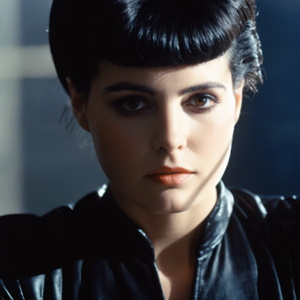 cinematic film still of <lora:Blade Runner Style:1>
medium closeup shot, Kodak Eastman 100T 5247 Cinematic 1982 Film Stock Footage of Rachael a woman with a black hair and a black dress staring at camera Blade Runner style, shallow depth of field, vignette, highly detailed, high budget, bokeh, cinemascope, moody, epic, gorgeous, film grain, grainy