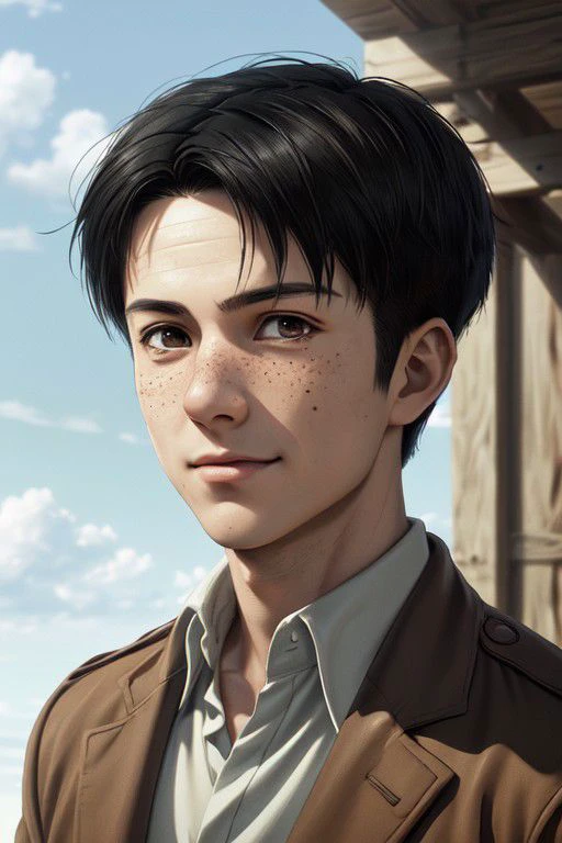 Marco Bott, Attack on Titan anime style, (human male), (boy, manly face:1.4), boyish, oblong face shape, (short hair:1.2) (black hair, straight hair, center-parted short hair, very short curtained hair:1.2), (bare forehead:1.2), (light brown eyes, normal size eyes), slight freckles, wearing pure white collared shirt, tan jacket, handsome, charming, alluring, friendly, smile, (standing), (upper body in frame), green plains location, cloudy blue sky, perfect light, perfect anatomy, perfect proportions, perfect perspective, 8k, HQ, (best quality:1.5, hyperrealistic:1.5, photorealistic:1.4, madly detailed CG unity 8k wallpaper:1.5, masterpiece:1.3, madly detailed photo:1.2), (hyper-realistic lifelike texture:1.4, realistic eyes:1.2), picture-perfect face, perfect eye pupil, detailed eyes, realistic, HD, UHD, front view, (portrait), face focus, looking outside frame