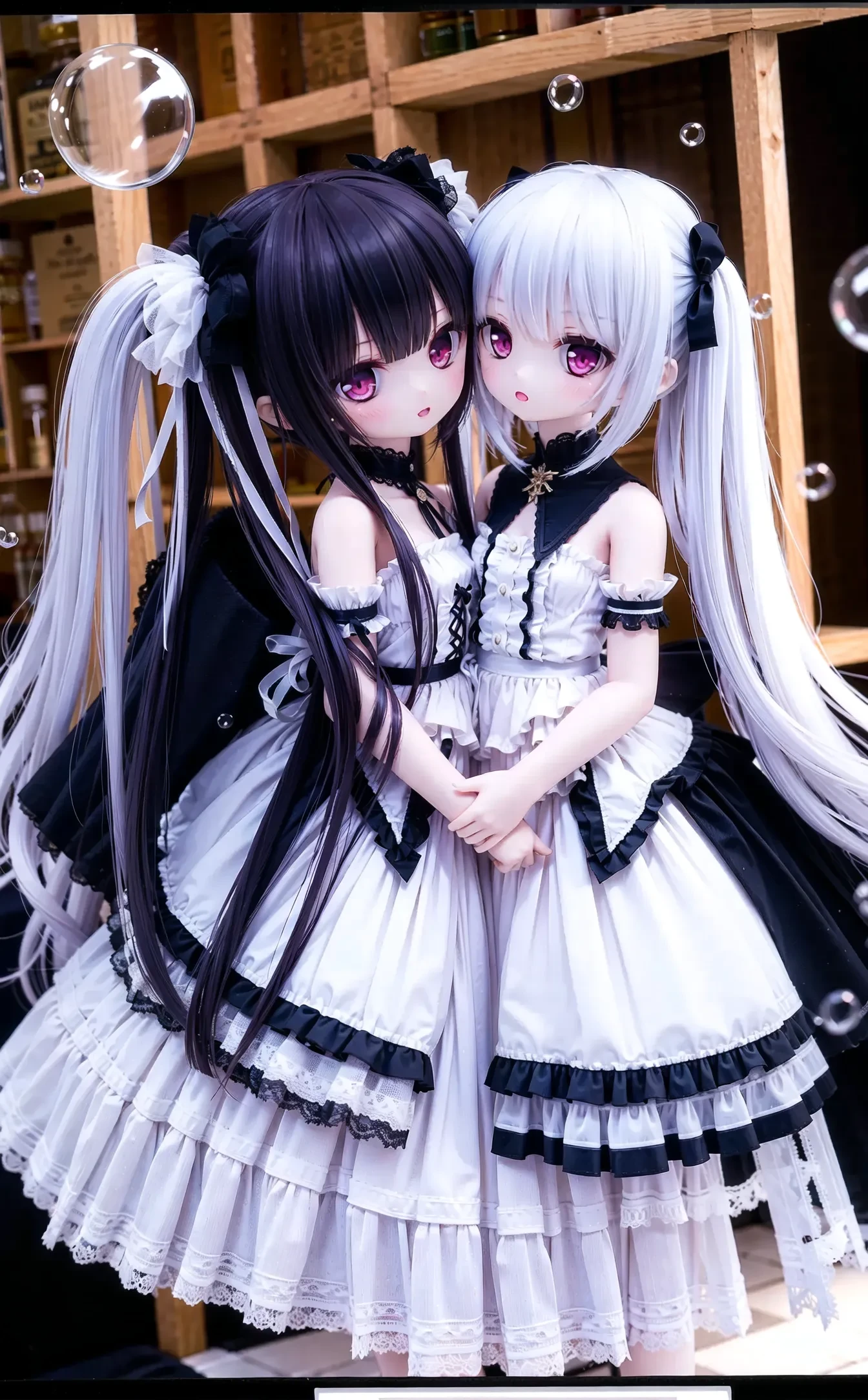 (cowboy shot,very long hair,4349:1),<lora:lora_1230c:0.25>,multiple_girls,2girls,long_hair,twintails,blue_hair,bubble,red_eyes,dress,yuri,frills,very_long_hair,