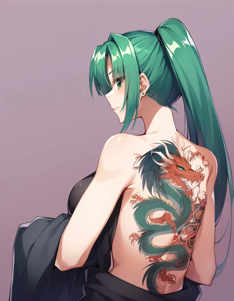 late, 1girl, Mion Sonozaki, green hair, green eyes, ponytail, <lora:MionXL:1> , dragon tattoo, back tattoo, <lora:lora-000006:1>