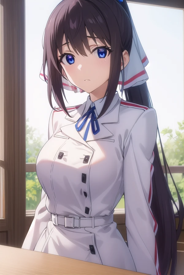 houkishinonono, <lora:houki shinonono s2-lora-nochekaiser:1>,
houki shinonono, long hair, blue eyes, black hair, ribbon, hair ribbon, ponytail,
BREAK school uniform, ribbon, blue ribbon, long sleeves, (red trim:1.2), uniform, military uniform, (white military uniform:1.5),
BREAK indoors, classroom,
BREAK looking at viewer, (cowboy shot:1.5),
BREAK <lyco:GoodHands-beta2:1>, (masterpiece:1.2), best quality, high resolution, unity 8k wallpaper, (illustration:0.8), (beautiful detailed eyes:1.6), extremely detailed face, perfect lighting, extremely detailed CG, (perfect hands, perfect anatomy),