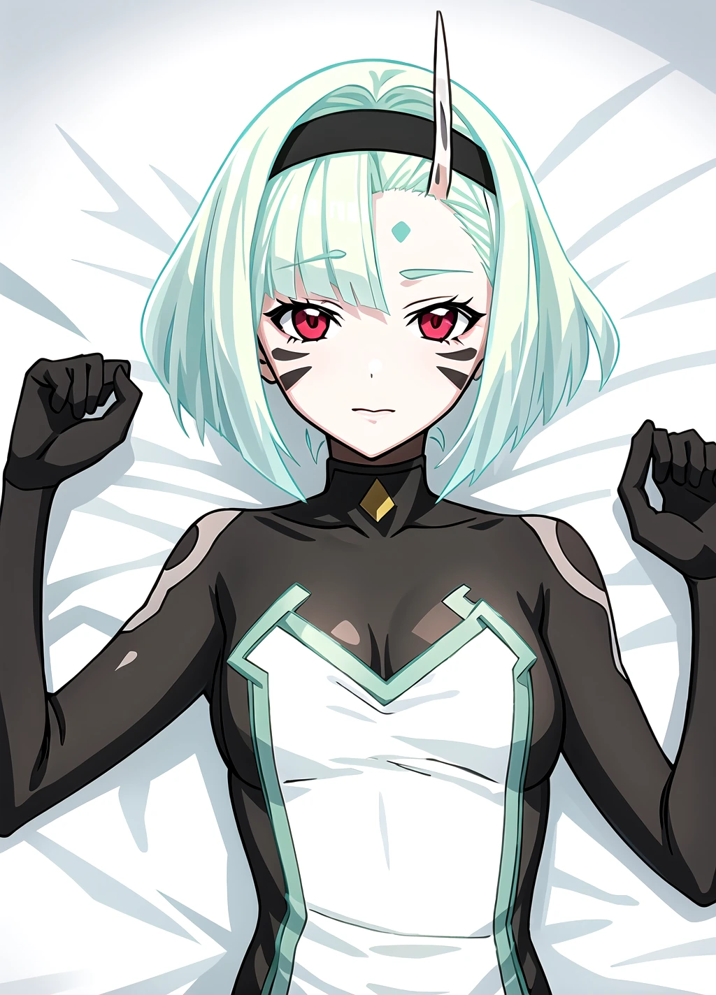 Koko Zenibako, hands behind the scenes, upper body, lying in bed, dress, black skin color, 1girl, solo, short hair, looking at viewer, red eyes, green hair, facial mark, hairband, single horn, breasts, aqua hair, <lora:Koko Zenibako20r61r61rcorrected-000006:0.6>