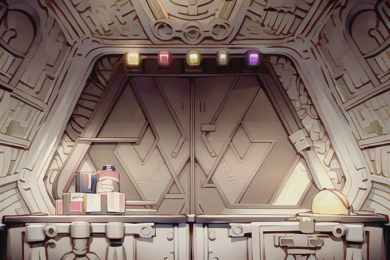 RAW photo of a space station bridge <lora:SOL_Bridge:1> with a table in front of a door with a G on it, yellow lighting