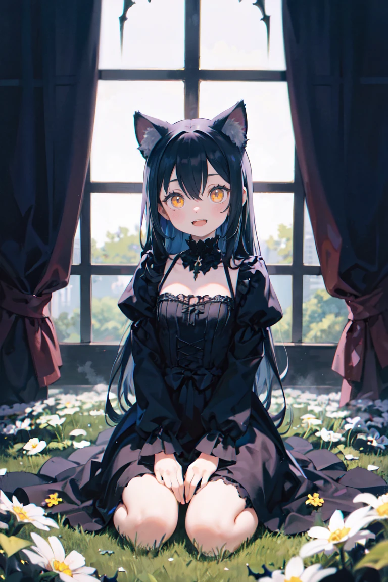 (1girl, full body:1.2),cat ears,smile,open mouth,black hair,yellow eyes,
an extremely delicate and beautiful,absurdres, highres,  (ultra detailed:1.0),
(, gothic,gothic dress:1.3), flower field, curtained hair, very long hair, wariza, sitting