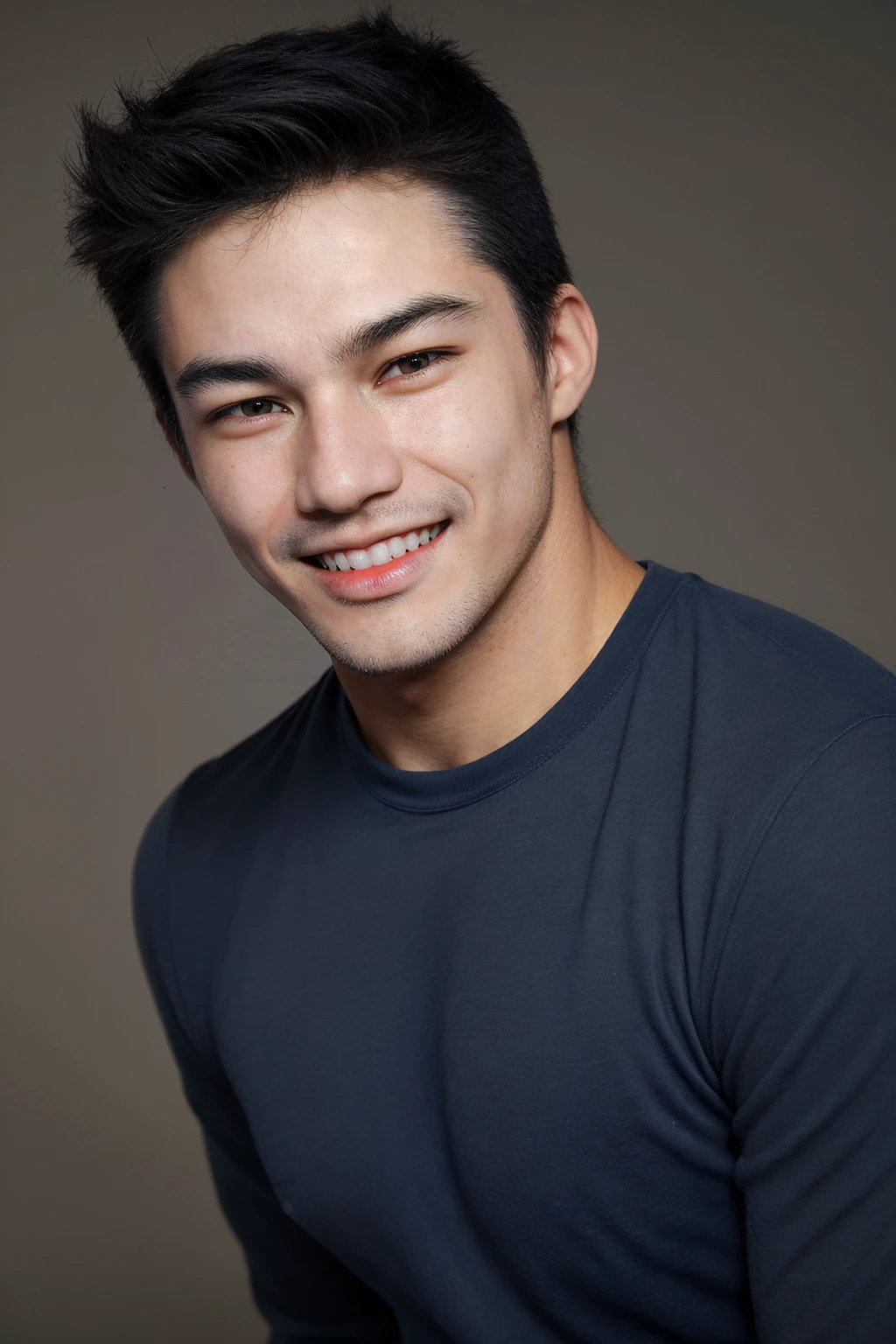 headshot, close-up shot, <lora:arthur_nory-04:1> photo of arthur_nory, wearing fitted solid-colored navy blue crew neck shirt, grey backdrop, confident yet approachable mood, personable, modern clean look, natural relaxed expression, smile