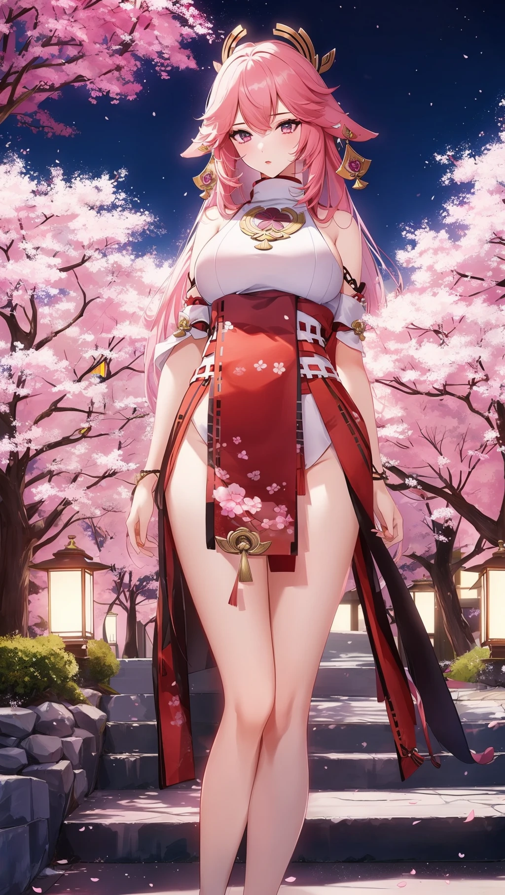 highest quality、masterpiece、1 sexy woman、slender and thin woman, height 1.65 cm, cherry blossom bottom、pink hair: 1.5、amethyst eyes、red lipotherly cheerful smile, floral clothes pink sakura、big breasts, world with cherry blossoms and roses、natural skin、side blade, appearance around 25 years old, looking at the viewer