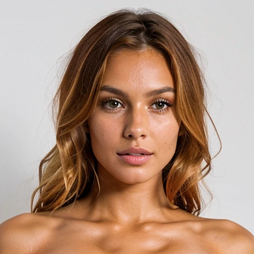 a closeup low angle shot photo of a beautiful 27yo Costa Rican supermodel woman with tanned skin, defined cheekbones, pouty lips, light-honey eyes (naked:1.3), small breasts, fit athletic body, darkblonde armpit-length wavy hair, (white background:1.3), relaxed facial expression