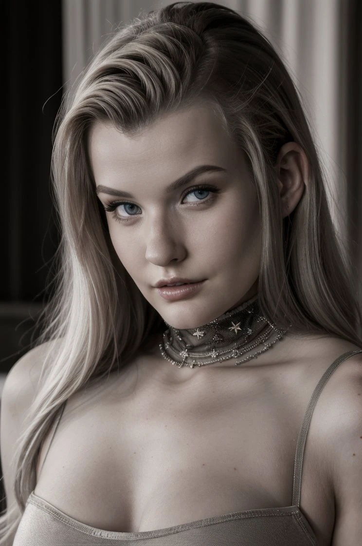 cinematic film still RAW portrait photo of MiaMelano, blonde hair, turtleneck glitter dress (looking at viewer:1.1), photo-realistic, ultra-detailed <lora:MiaMelano:0.8> PA7_Portrait-CU . shallow depth of field, vignette, highly detailed, high budget, bokeh, cinemascope, moody, epic, gorgeous, film grain, grainy