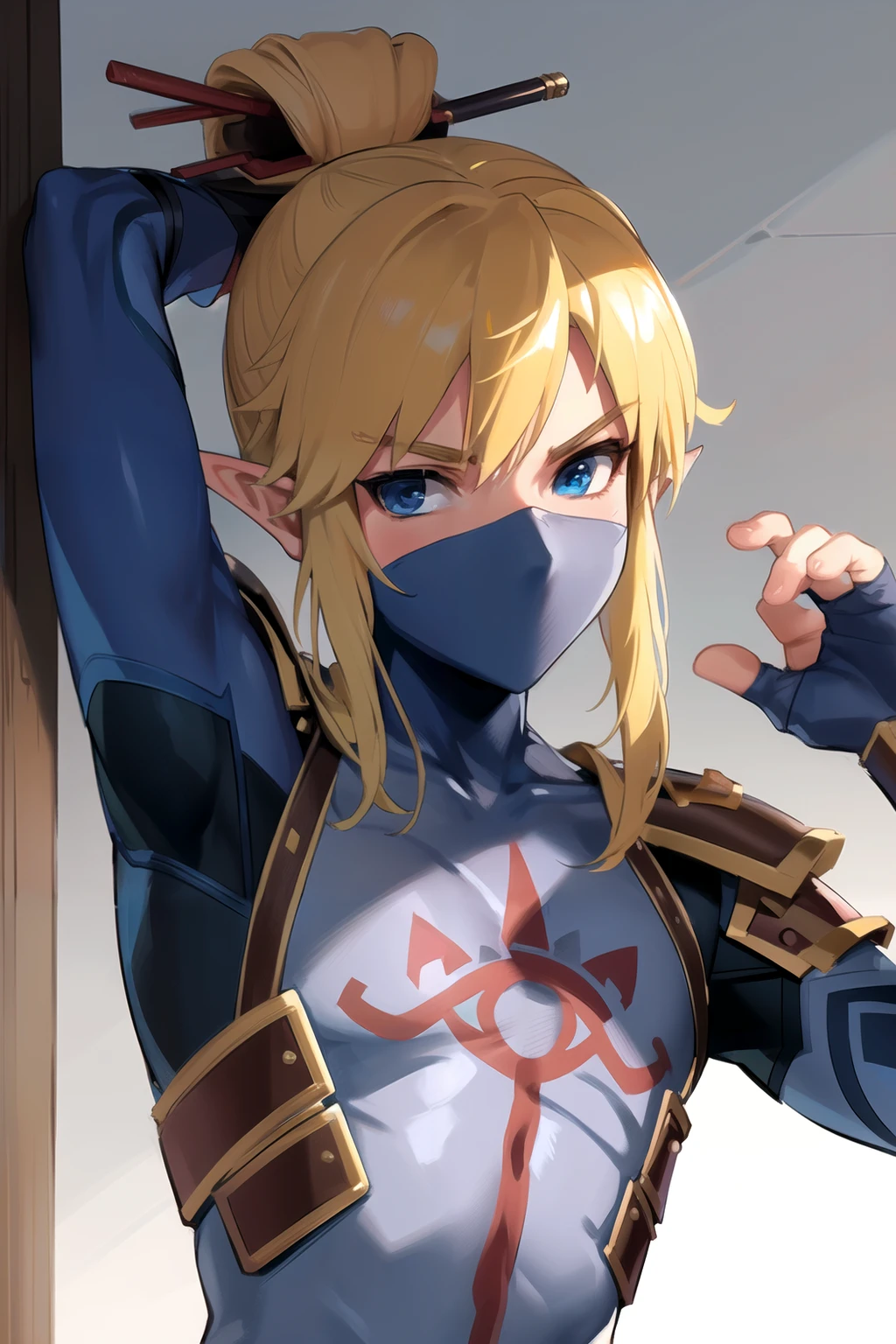 (masterpiece), (best quality),
detailed face, 1boy, solo,
stealthlink, pointy ears, blonde hair, mask, armor, blue eyes, bodysuit, single hair bun, <lora:LinkStealth-14:0.7>
