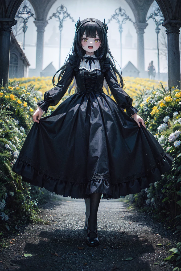 (1girl, full body:1.2),smile,open mouth,black hair,yellow eyes,
an extremely delicate and beautiful,absurdres, highres, (ultra detailed:1.0),
(, gothic,gothic dress:1.3), flower field, curtained hair, very long hair