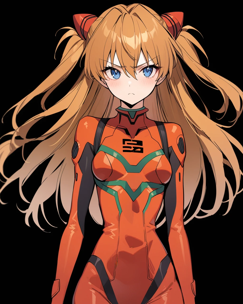 masterpiece, best quality, <lora:ming:1>ï¼souryuu asuka langleyï¼1girl, solo, blue_eyes, long_hair, plugsuit, white_background, bodysuit, breasts, simple_background, looking_at_viewer, red_bodysuit, bangs, closed_mouth, small_breasts, interface_headset, orange_hair, brown_hair, two_side_up, frown