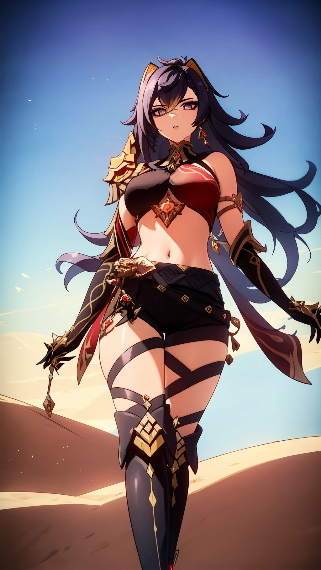 4k,(((1girl))),A sexy&cool female in the desert,walking,Dehya,dehya \(genshin impact\),asymmetrical clothes,midriff,detail,long hair,huge filesize,artbook,solo,Cinematic Lighting,<lora:[LoRA] mhy_genshin_Dehya_v1.1:1>,small_breasts,, (masterpiece, high resolution, best quality:1.4, breathtaking, ultra detailed)