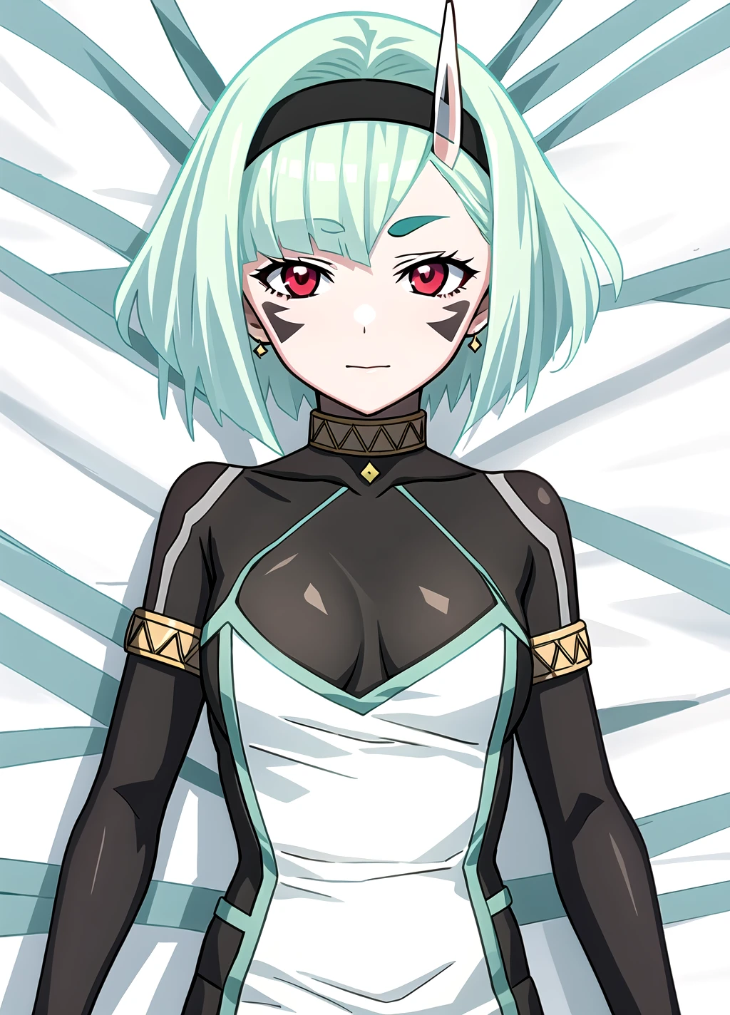 Koko Zenibako, hands behind the scenes, upper body, lying in bed, dress, black skin color, 1girl, solo, short hair, looking at viewer, red eyes, green hair, facial mark, hairband, single horn, breasts, aqua hair, <lora:Koko Zenibako20r61r61rcorrected-000006:0.6>