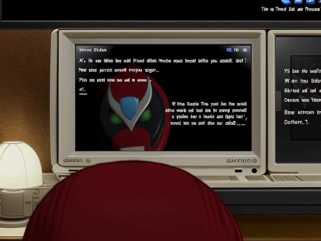 strongbademail, red mask reflection, monitor with text, reflection, back of head, room, cartoon <lora:Strongbad:1>
