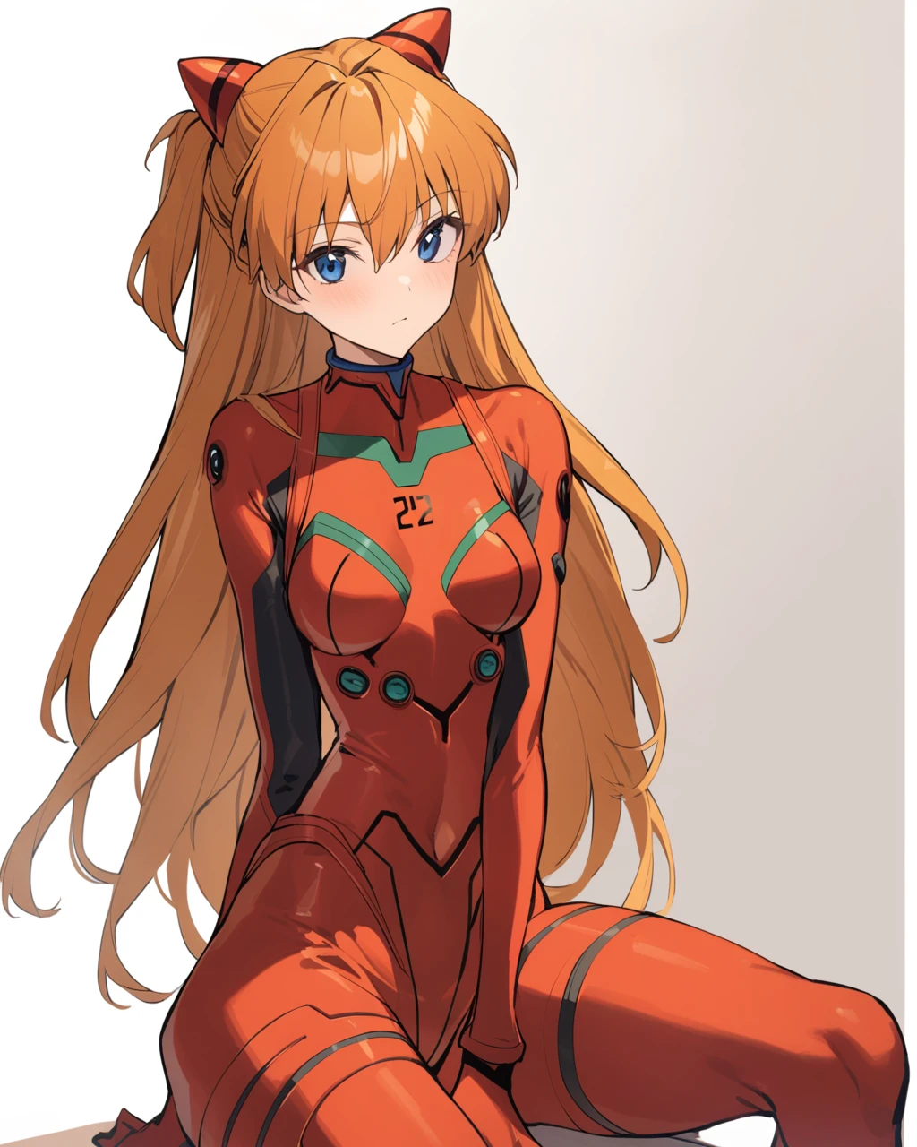 masterpiece, best quality,  <lora:ming:1>ï¼souryuu asuka langleyï¼1girl, solo, plugsuit, breasts, long_hair, red_bodysuit, orange_hair, bodysuit, looking_at_viewer, white_background, medium_breasts, blue_eyes, simple_background, hair_between_eyes, sitting, interface_headset, bangs, closed_mouth