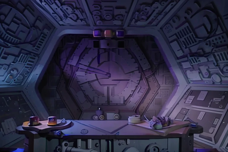 RAW photo of a space station bridge <lora:SOL_Bridge:1> with a table in front of a door with a G on it, purple and blue lighting