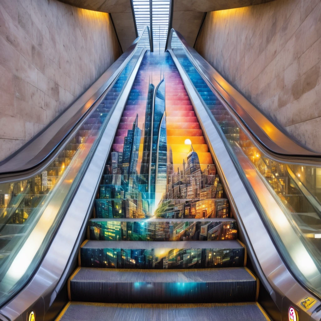 escalator, a bustling cityscape, teeming with life, energy, and architectural marvels. Skyscrapers soar towards the sky, their glass facades reflecting the vibrant lights of the city below, escalator-art <lora:escalator-art6:0.8>