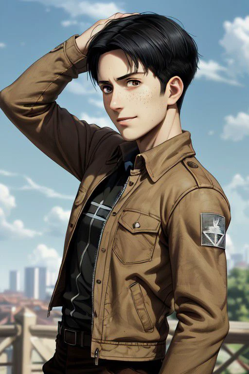 Marco Bott, Attack on Titan anime style, (human male), (boy, manly face:1.4), boyish, oblong face shape, (short hair:1.2) (black hair, straight hair, center-parted short hair, very short curtained hair:1.2), (bare forehead:1.2), (light brown eyes, normal size eyes), slight freckles, wearing pure white collared shirt, tan jacket, handsome, charming, alluring, friendly, smile, (standing), (upper body in frame), green plains location, cloudy blue sky, perfect light, perfect anatomy, perfect proportions, perfect perspective, 8k, HQ, (best quality:1.5, hyperrealistic:1.5, photorealistic:1.4, madly detailed CG unity 8k wallpaper:1.5, masterpiece:1.3, madly detailed photo:1.2), (hyper-realistic lifelike texture:1.4, realistic eyes:1.2), picture-perfect face, perfect eye pupil, detailed eyes, realistic, HD, UHD, front view, (portrait), face focus, looking outside frame