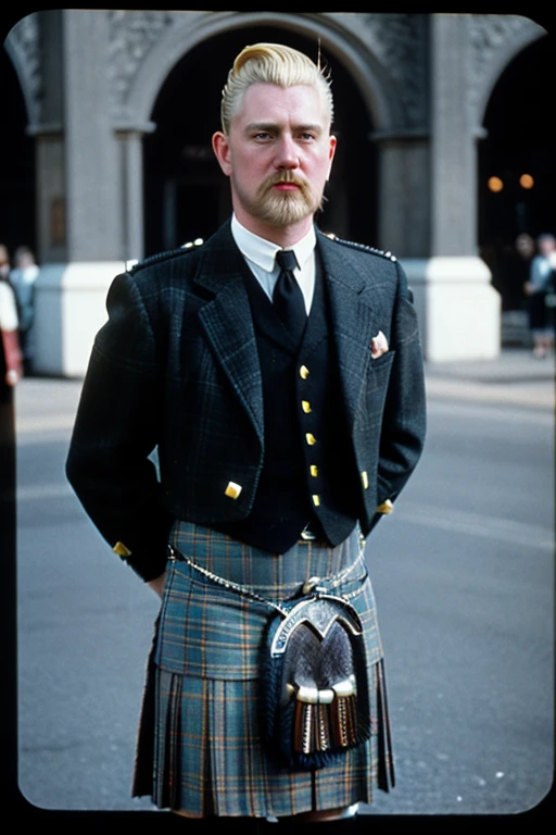 analog film photo, thin man with blond undercut wearing a s_kilt, faded film, desaturated, 35mm photo, grainy, vignette, vintage, Kodachrome, Lomography, stained, highly detailed, found footage <lora:s_kilt:.7>
