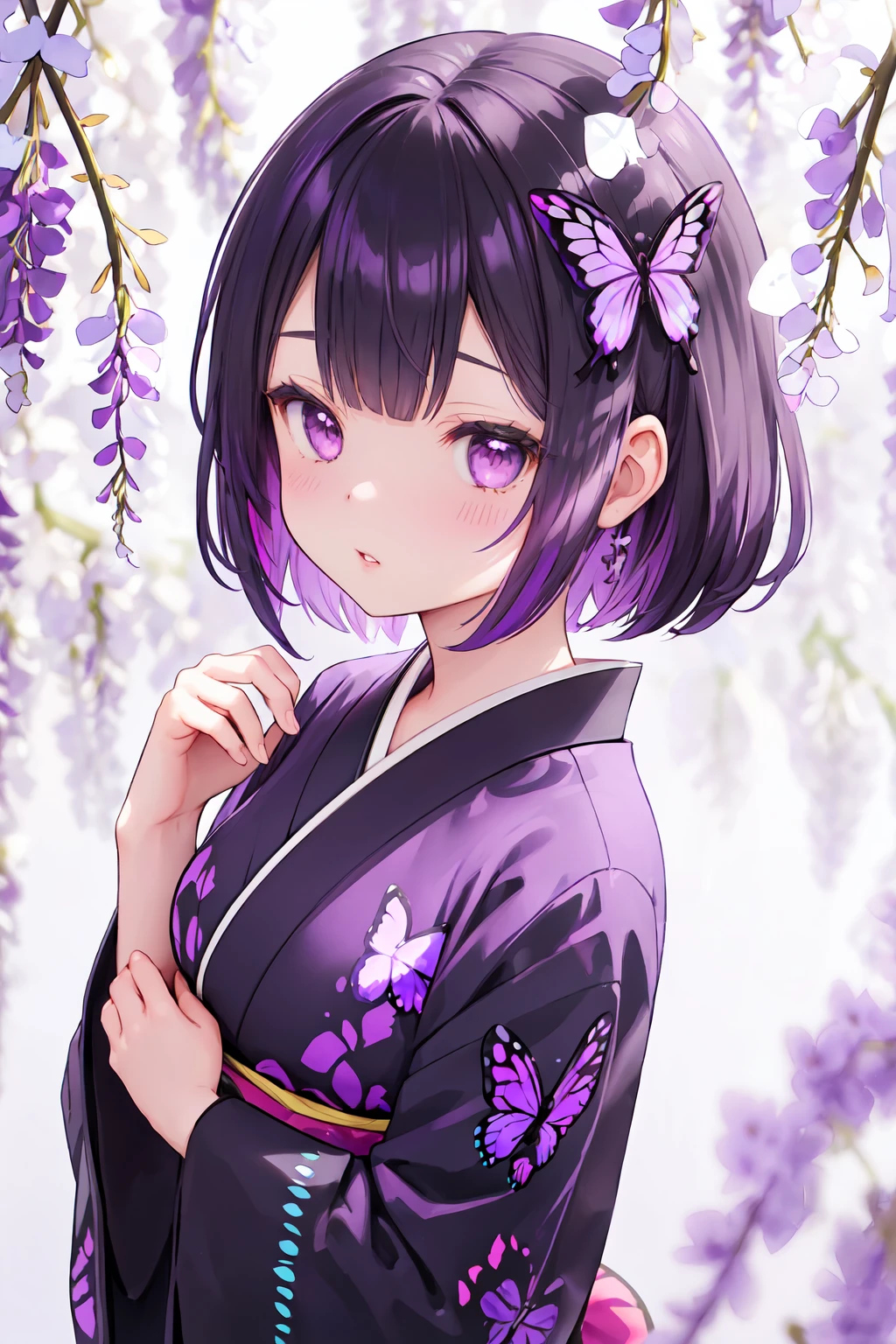 1girl, kochou shinobu, wisteria, solo, butterfly, bug, purple eyes, flower, hair ornament, purple hair, portrait, black hair, butterfly hair ornament, demon slayer uniform, short hair, parted bangs, multicolored hair, bangs, butterfly on hand, blurry, parted lips, purple flower, japanese clothes, hand up