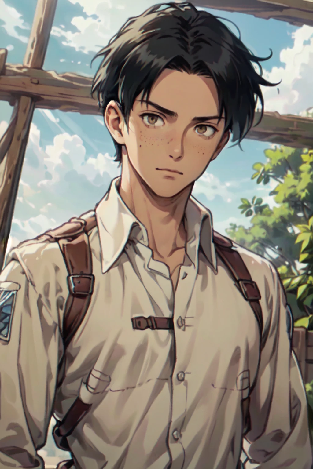 Marco Bodt,  (short hair:1.2) (black hair,  center-parted short hair,  very short curtained hair:1.2),  (bare forehead:1.2),  (light brown eyes,  normal size eyes),  wearing pure white collared shirt,  youthful,  freckles,  handsome,  charming,  alluring,  friendly,  (standing),  (upper body in frame),  simple background,  green plains,  cloudy blue sky,  perfect light,  only1 image,  perfect anatomy,  perfect proportions,  perfect perspective,  8k,  HQ,  (best quality:1.5,  hyperrealistic:1.5,  photorealistic:1.4,  madly detailed CG unity 8k wallpaper:1.5,  masterpiece:1.3,  madly detailed photo:1.2),  (hyper-realistic lifelike texture:1.4,  realistic eyes:1.2),  picture-perfect face,  perfect eye pupil,  detailed eyes,  realistic,  HD,  UHD,  (front view:1.2),  portrait,  looking outside frame,  AttackonTitan,<lora:EMS-265403-EMS:0.800000>,<lora:EMS-26599-EMS:0.500000>