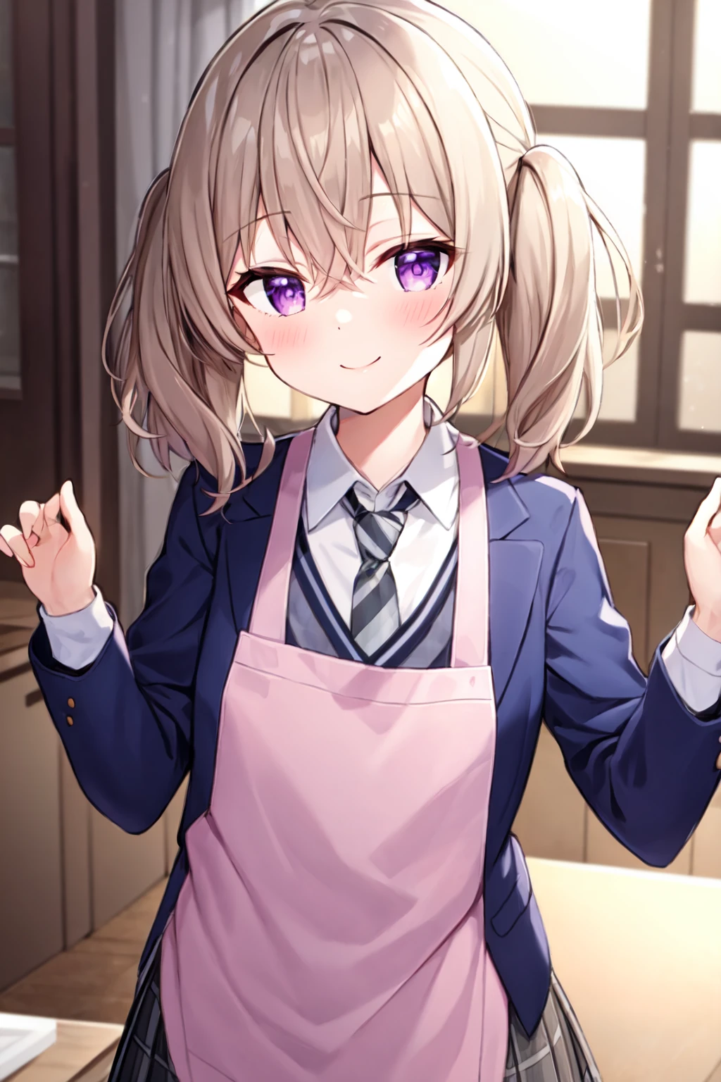 (masterpiece), (best quality:1.2, high quality:1.2, highres), indoors, solo, solo focus, (upper body), 1girl, yoshinaga koi, medium hair, messy hair, twintails, hair between eyes, light brown hair, purple eyes, smile, collared shirt, white shirt, striped necktie, grey necktie, purple sweater, blazer, blue jacket, open jacket, long sleeves, apron, yellow apron, grey skirt, plaid skirt, pleated skirt