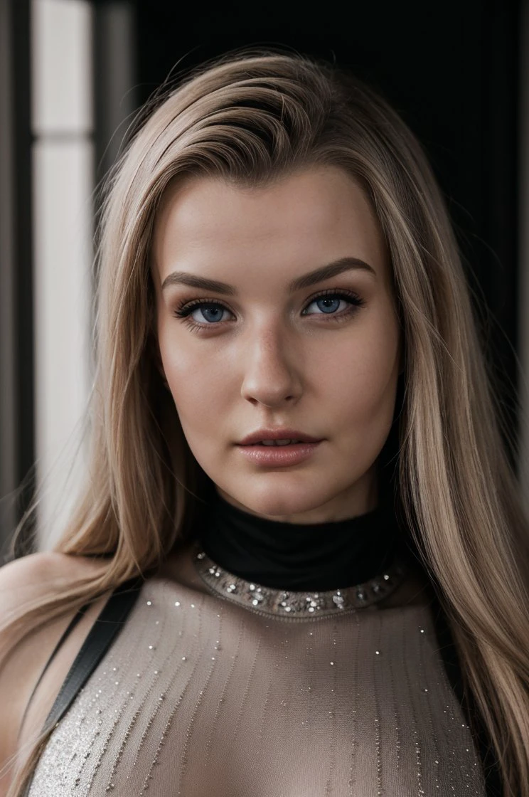 cinematic film still RAW portrait photo of MiaMelano, blonde hair, turtleneck glitter dress (looking at viewer:1.1), photo-realistic, ultra-detailed <lora:MiaMelano:0.8> PA7_Portrait-CU . shallow depth of field, vignette, highly detailed, high budget, bokeh, cinemascope, moody, epic, gorgeous, film grain, grainy