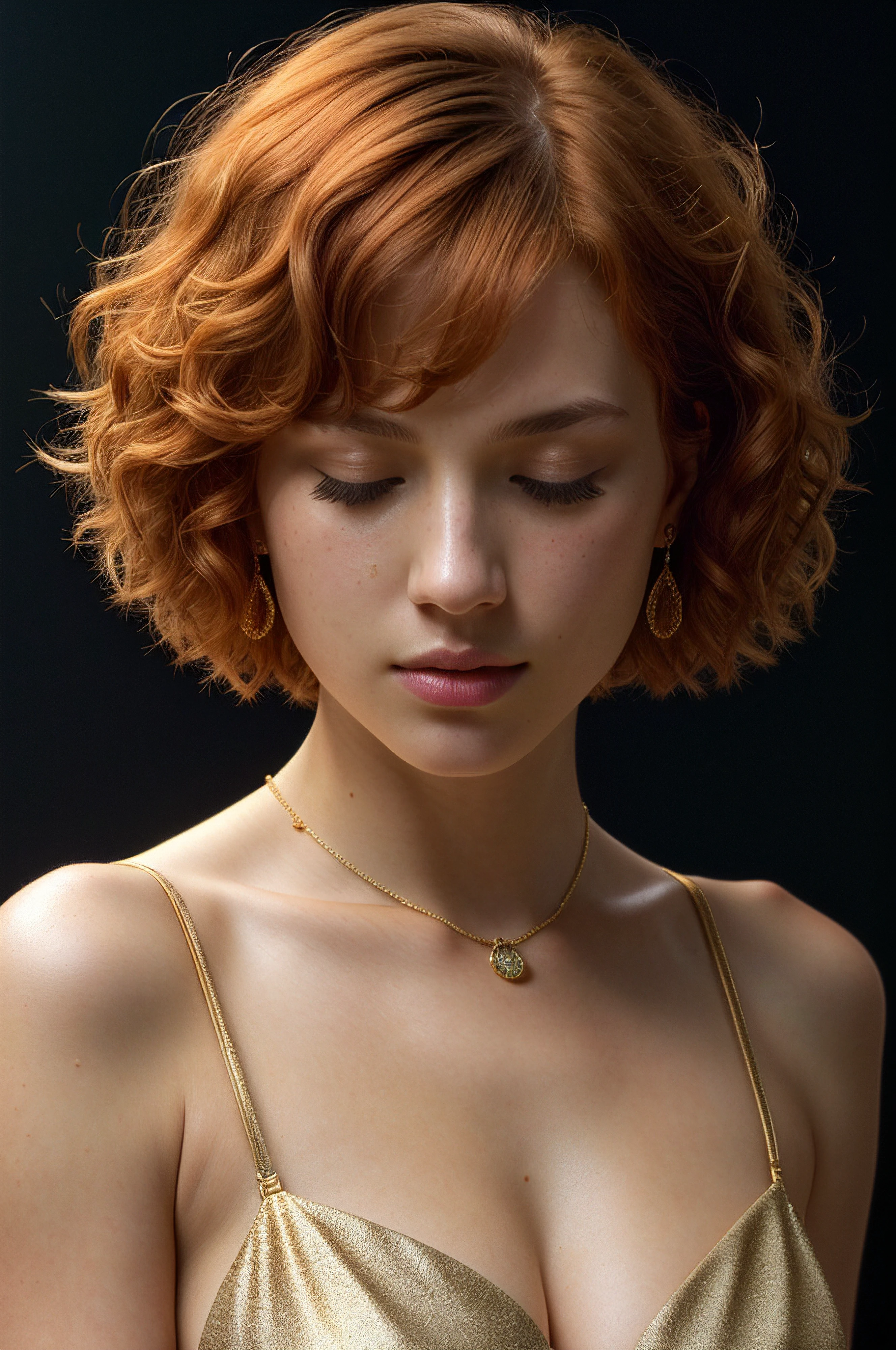 [face closeup], closed eyes, beautiful woman, (golden skin), redhead, short hair, [curly bob cut], dark theme, [detailed skin], empty background, [4k], [full hd], [posing], [sharp image], [high quality], [detailed], [dramatic lighting], [dslr], [professional photographer]