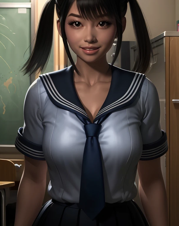 Chidori,black hair,black eyes,high twin tails bangs,
school uniform,blue necktie,
standing,upper body,smile,
dormroom,
(insanely detailed, masterpiece, best quality),solo,<lora:ChidoriToda:0.8>,