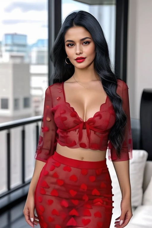 realistic, masterpiece, high detailed skin, looking at viewer, full body shot, scenic view, long hair, black hair
<lora:Hearts_Blouse_Pencil_Skirt_By_Stable_Yogi:1> red heart see-through dress, red Blouse, red Pencil Skirt, midriff