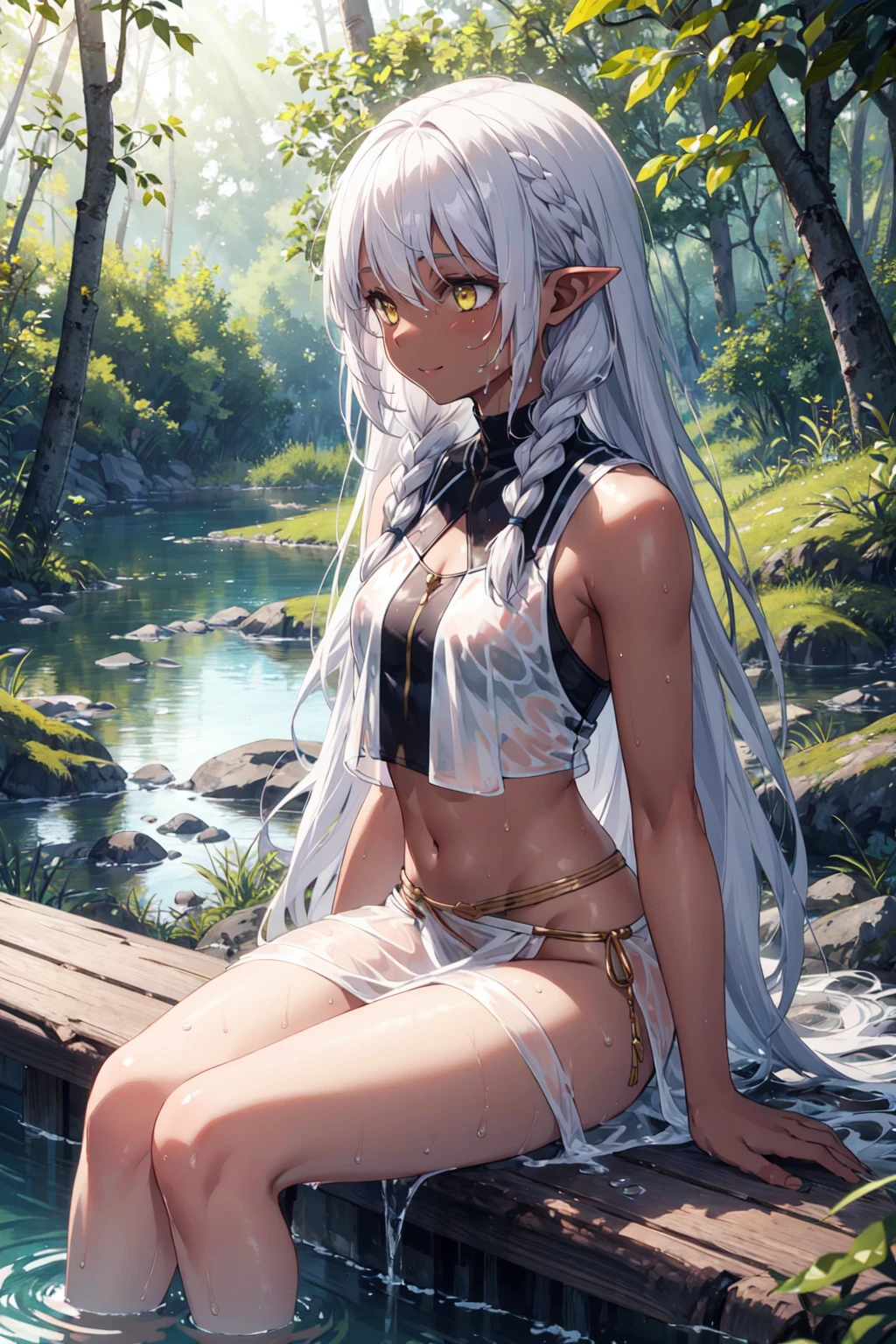 (best quality, high detail:1.1),
1girl,solo,dark skin,dark elf,silver hair,long hair,twin braids,yellow eyes,see-through white loincloth,sleeveless,wet clothes,wet hair,wet skin,(light smile:0.8),(looking away:1.1),
sitting wood a lake side,
outdoors,deep forest,beautiful nature and lighting,sunlight,