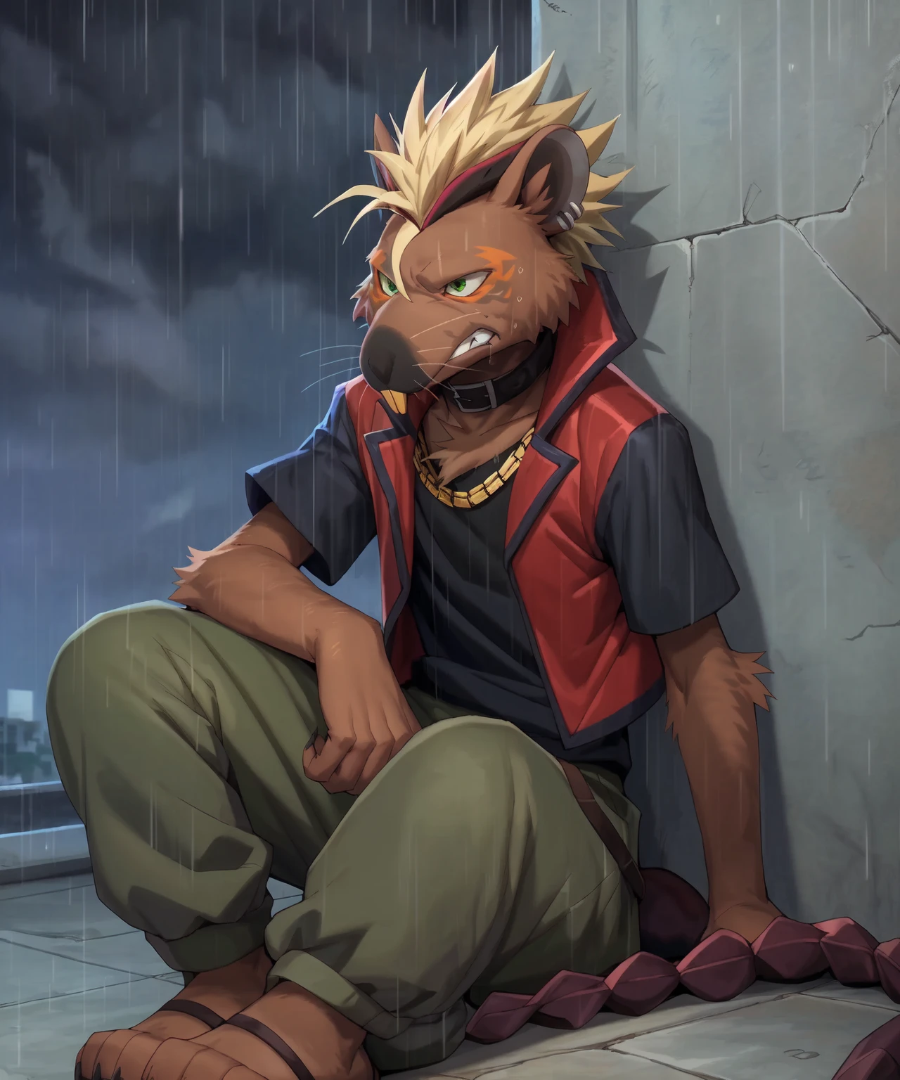 <lora:batetemodav8_YM:0.8>  ,solo,male,batetemoda,sad, grimace,teeth,sitting, against wall,looking down,detailed fur,buckteeth, green eyes, (segmented tail),red vest,black shirt,sandals,gold chain necklace,buckle collar,green pants, male, hi res,ultradetailed, insanely detailed,ultra realism shading,cinematic lighting, concrete,concrete building,rain,raining,somber atmosphere,dark and cloudy, specular lighting,global illumination, symmetrical, by chung0 0, by null-ghost, by littleblackalas, by [bakemonoy|darkgem|mystikfox61|nurinaki], by Enki Bilal, Michael & Inessa Garmash, Ruan Jia, Pino Daeni, by ruan jia, by wolfy-nail, by zackary911, by xnirox, by anhes, by lando, by yamatokuroko965, by k0bit0wani, by lynncore, by redraptor16, by red-izak, by darkgem