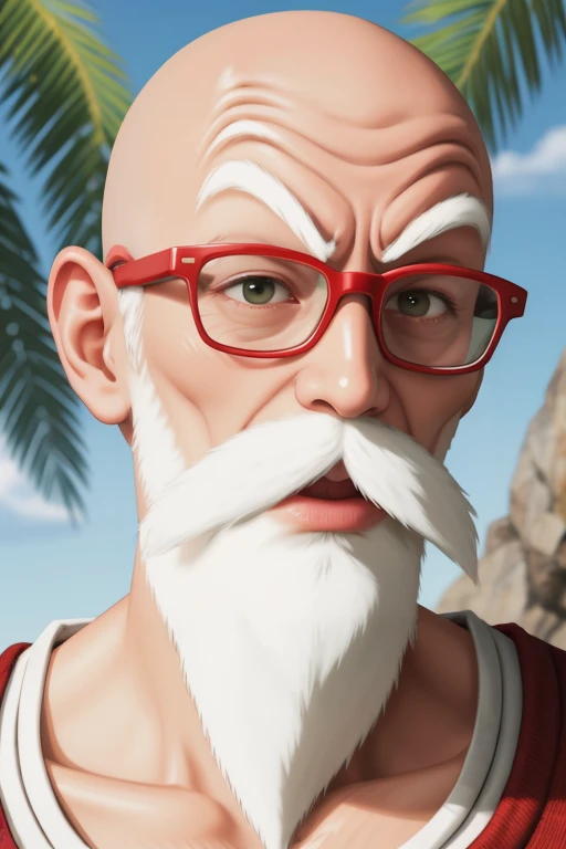 masterpiece, highest quality, highest quality visuals, highest details,   <lora:master_roshi_v0_4:1> muten roushi, 1boy, male focus, solo, bald, facial hair, beard, old man, mustache, white hair, sunglasses, red-framed eyewear, green-tinted eyewear, white tank top, chinese clothes, fcPortrait_Force_Portrait, portrait, close up, looking at viewer,  portrait,  close up,<lora:LCM_SD15_2MB:1.0>