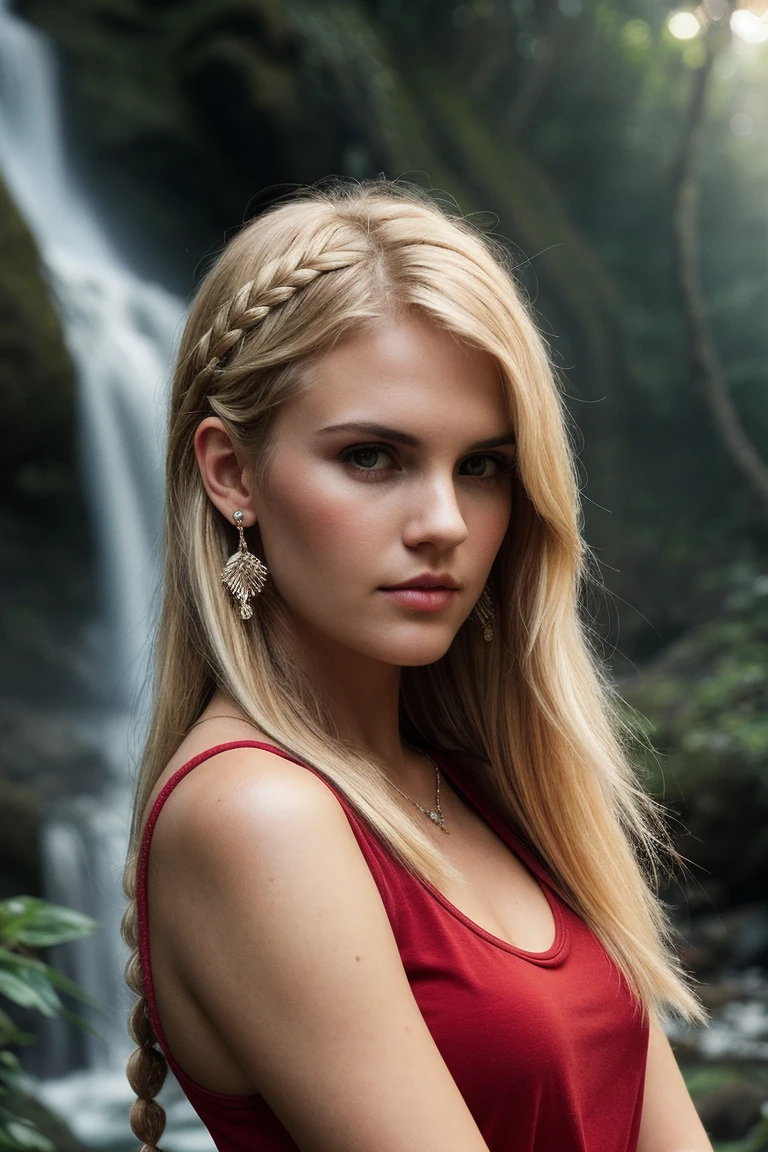 photo of (m4gr4ce-125:0.99), a beautiful woman, perfect blonde hair upsweep updo, earrings, jewelry, (modern photo), (wearing a Varsity Red tank top:1.2), 24mm, (analog, cinematic, film grain:1.3), (trees and a waterfall in the background, jungle:1.2), detailed eyes, (seductive pose), (epicPhoto), (looking at viewer), (cinematic shot:1.3), PA7_Portrait-MCU