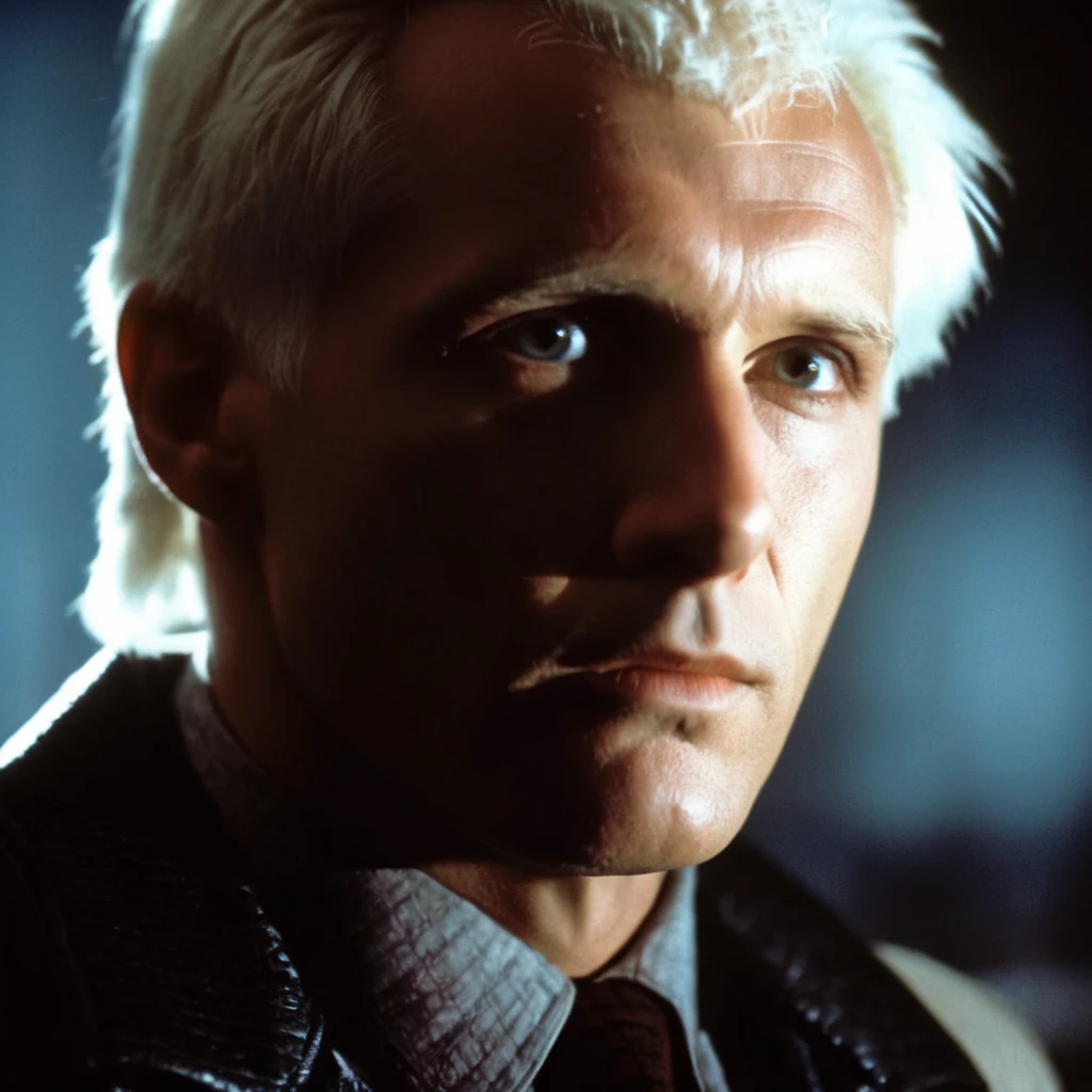 cinematic film still of  <lora:Blade Runner Style:1>
closeup, Kodak Eastman 100T 5247 Cinematic 1982 Film Stock Footage of Roy Batty a man with white hair and a black jacket staring creepy at camera with shinning eyes in a warm light room Blade Runner style, shallow depth of field, vignette, highly detailed, high budget, bokeh, cinemascope, moody, epic, gorgeous, film grain, grainy
