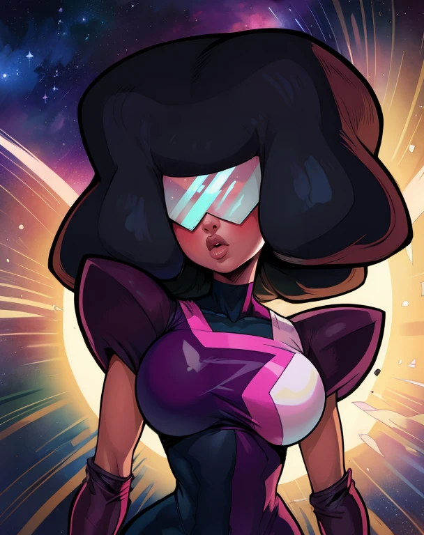 Garnet,blocky hair,afro,navel,standing,upper body,retro shades,serious,
chest plate,black and pink bodysuit,large gloves,curvy,
standing,upper body,
outer space,stars,
(insanely detailed, beautiful detailed face, masterpiece, best quality),solo,<lora:GarnetShades:0.8>,