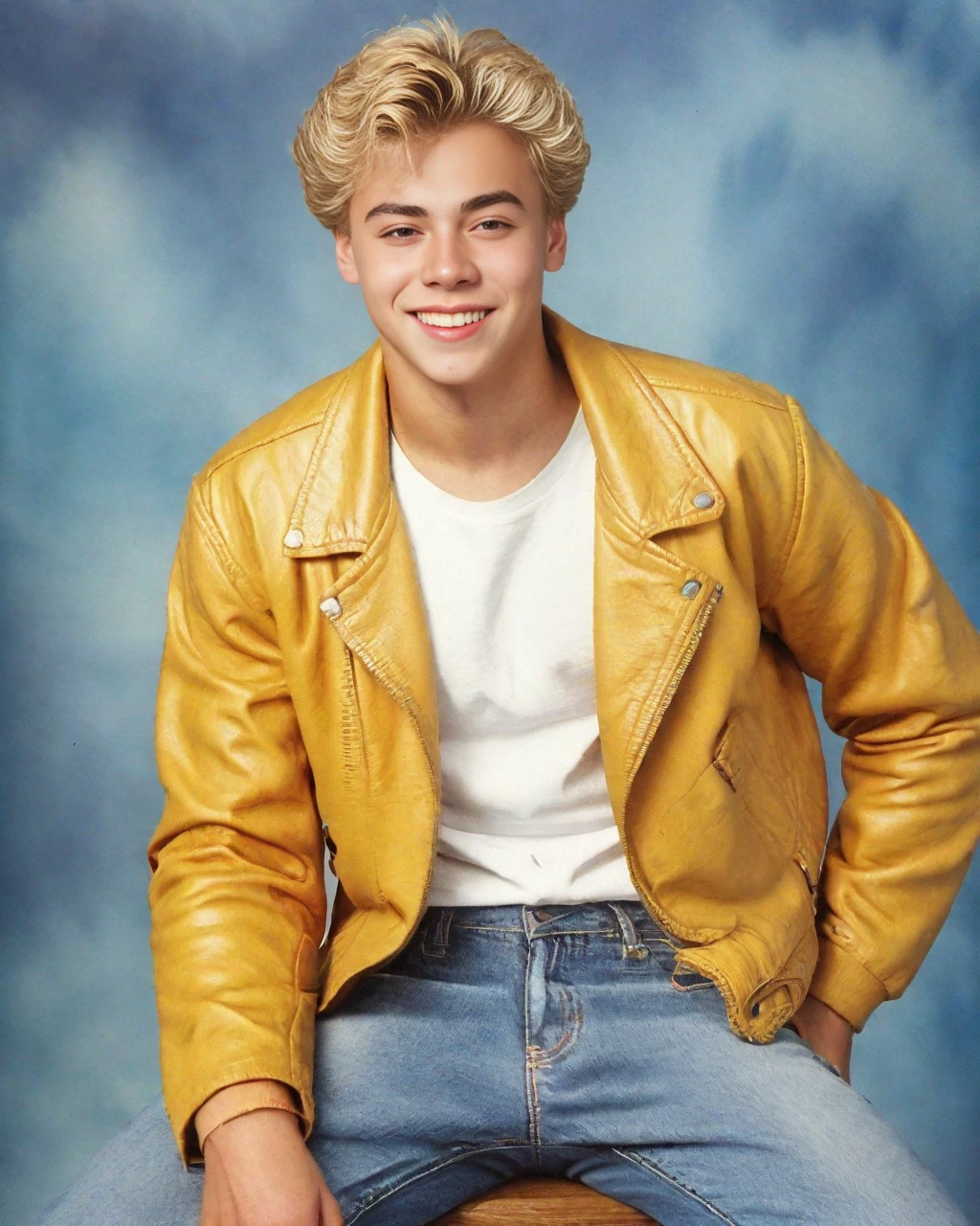 yearbook shot, best dressed sitting pose, medium full shot, front view, man, blonde, blonde eyebrows, caucasian, jacket, white tshirt, jeans.
yearbook background.
<lora:yearbookshot_v1:0.8>