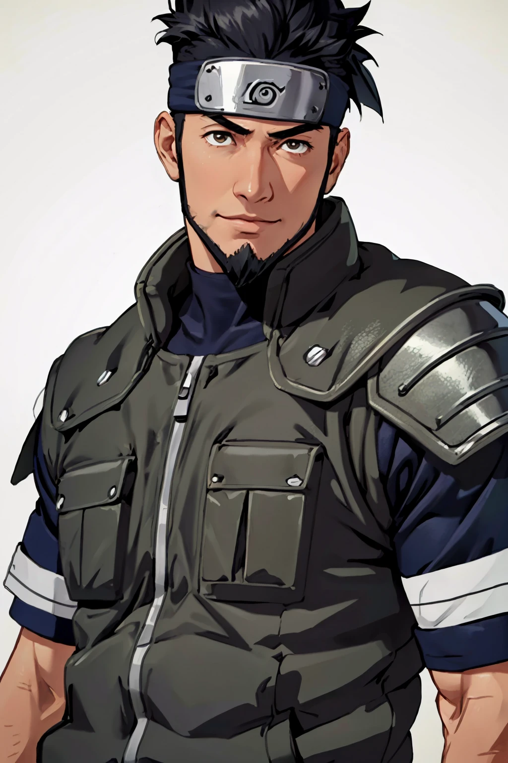 Asuma Sarutobi,  Japanese,  brown eyes,  olive skin,  short black spiky hair,  beard on chin and cheekbone,  (shaved philtrum,  hairless philtrum:1.3),  lsaid-back individual,  dashing,  smile,  shinobi sandals,  forehead protector,  clothing,  wore a white short-sleeved shirt with a blue and black collar over chain-mail armour,  along with a simple white vest,  a pair of black pants,  simple background,  fit body,  handsome,  charming,  alluring,  intense gaze,  (standing),  (upper body in frame),  perfect light,  only1 image,  perfect anatomy,  perfect proportions,  perfect perspective,  8k,  HQ,  (best quality:1.2,  hyperrealistic:1.2,  photorealistic:1.2,  madly detailed CG unity 8k wallpaper:1.2,  masterpiece:1.2,  madly detailed photo:1.2),  (hyper-realistic lifelike texture:1.2,  realistic eyes:1.2),  picture-perfect face,  perfect eye pupil,  detailed eyes,  realistic,  HD,  UHD,  front view:,  portrait,<lora:EMS-498-EMS:0.100000>,<lora:EMS-264196-EMS:0.600000>