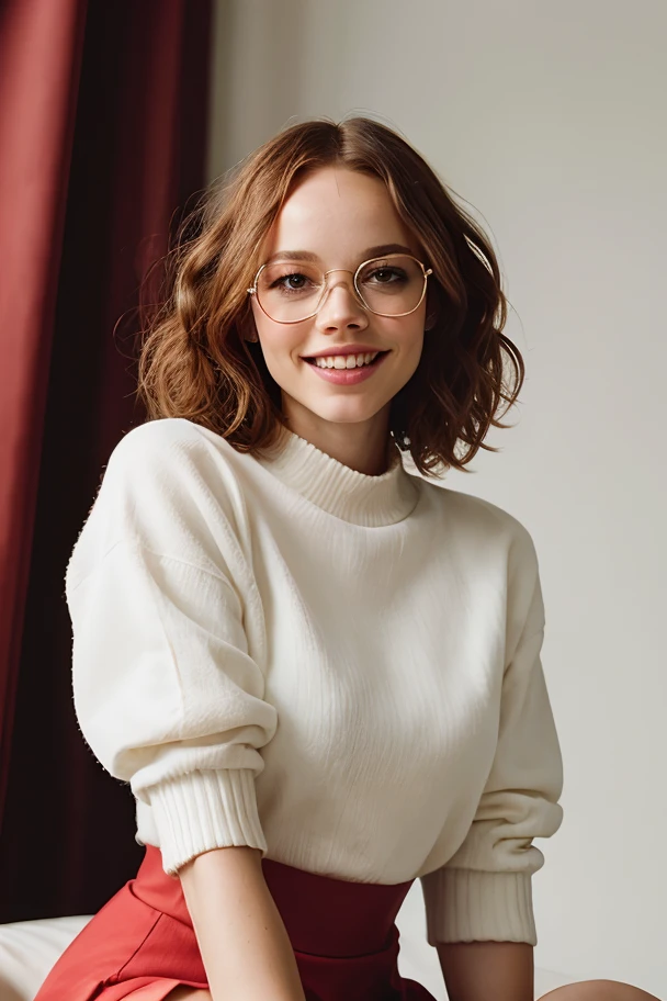 RAW photo, masterpiece, 35mm photography, 1girl, full shot in cuba ,summer day, curly hair, perfect face, absurdres, RAW photograph, film grain, fujifilm, highly detailed face, glasses, big smile, perfect body, shaggy hair, red dress, knee socks, retro cuban cars, face features, <skinhairdetail>,<tomboyv7>,