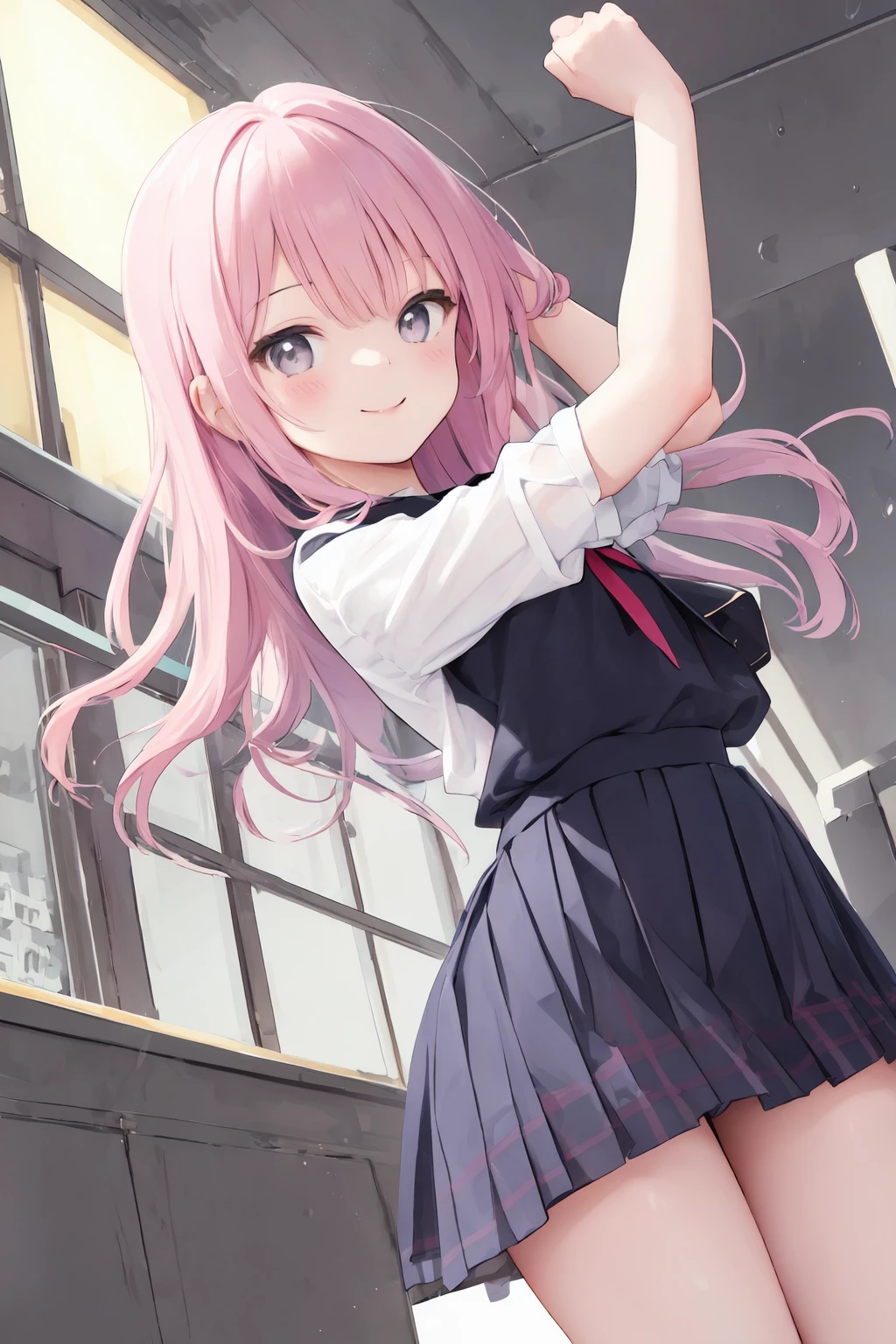 focus head,1 girl,smile,skirt,casual,from below,beautiful cute girl,action pose,dynamic angle,
