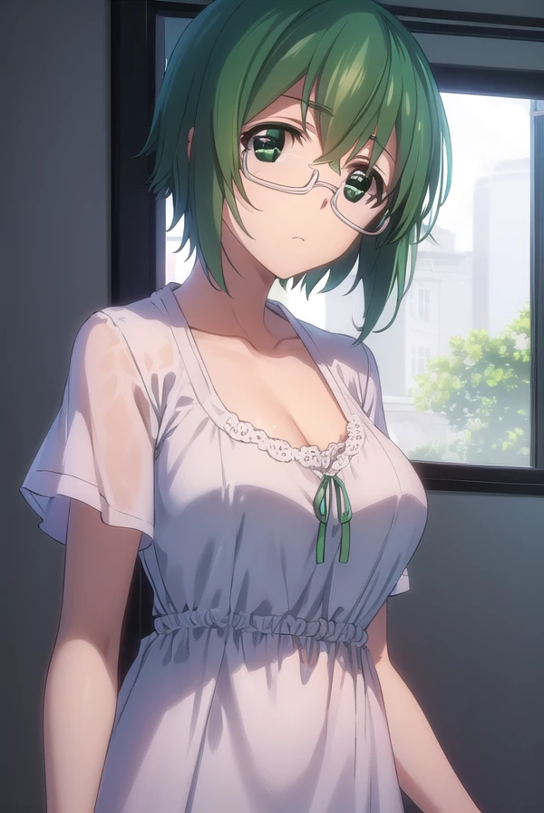 mayayamada, <lora:maya yamada s2-lora-nochekaiser:1>,
maya yamada, short hair, (green eyes:1.3), green hair, glasses, semi-rimless eyewear, under-rim eyewear,
BREAK dress, cleavage, yellow dress, short sleeves, collarbone,
BREAK indoors, classroom,
BREAK looking at viewer, (cowboy shot:1.5),
BREAK <lyco:GoodHands-beta2:1>, (masterpiece:1.2), best quality, high resolution, unity 8k wallpaper, (illustration:0.8), (beautiful detailed eyes:1.6), extremely detailed face, perfect lighting, extremely detailed CG, (perfect hands, perfect anatomy),