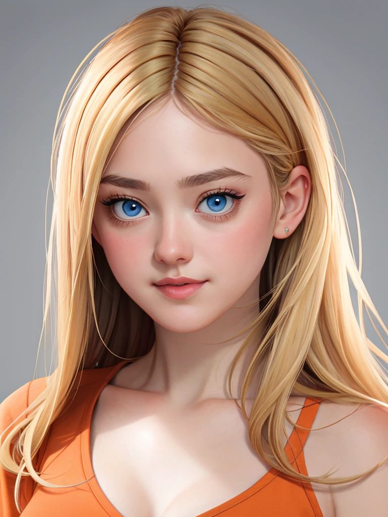 Realistic photo of a beautiful d4k0t4f woman,1girl,solo,long hair,looking at viewer,blue eyes,blonde hair,simple background,bare shoulders,closed mouth,upper body,grey background,lips,realistic,orange shirt, soft lighting, professional Photography, Photorealistic, detailed, RAW, analog, sharp focus, 8k, HD, high quality, masterpiece<lora:d4k0t4f:1.0>