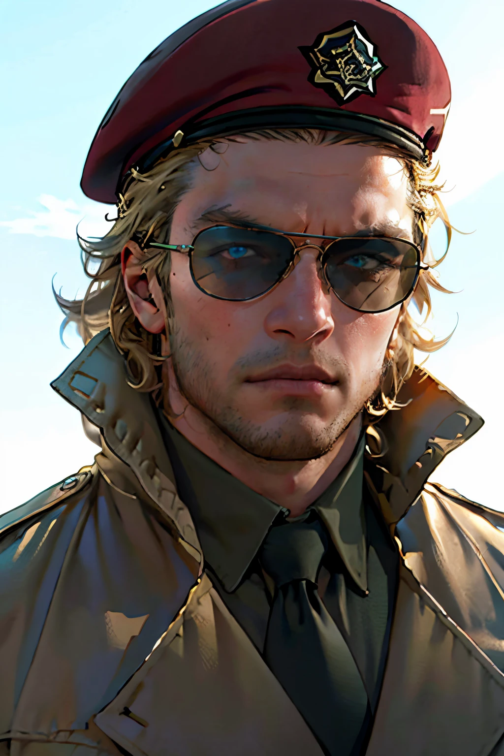 Kazuhira Miller,  blue eyes,  blond hair,  stubble,  wore aviator sunglasses,  green suit with a red tie,  khaki trench coat,  black beret,  fit body,  handsome,  charming,  alluring,  intense gaze,  (standing),  (upper body in frame),  perfect light,  only1 image,  perfect anatomy,  perfect proportions,  perfect perspective,  8k,  HQ,  (best quality:1.2,  hyperrealistic:1.2,  photorealistic:1.2,  madly detailed CG unity 8k wallpaper:1.2,  masterpiece:1.2,  madly detailed photo:1.2),  (hyper-realistic lifelike texture:1.2,  realistic eyes:1.2),  picture-perfect face,  perfect eye pupil,  detailed eyes,  realistic,  HD,  UHD,  front view:,  portrait,<lora:EMS-498-EMS:0.100000>,<lora:EMS-264989-EMS:0.600000>