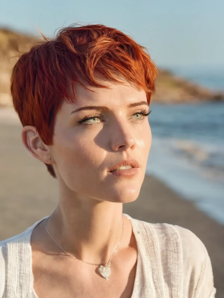 woman, irish, dreaming, (looking away:1.7), fair skin, surprised<lora:A_SHort_Cut_v3_SDXL:1.1>(very short hair:1.5), (pixie cut:1.2), olive green eyes, light red head, on the beach, white shirt, sunny day