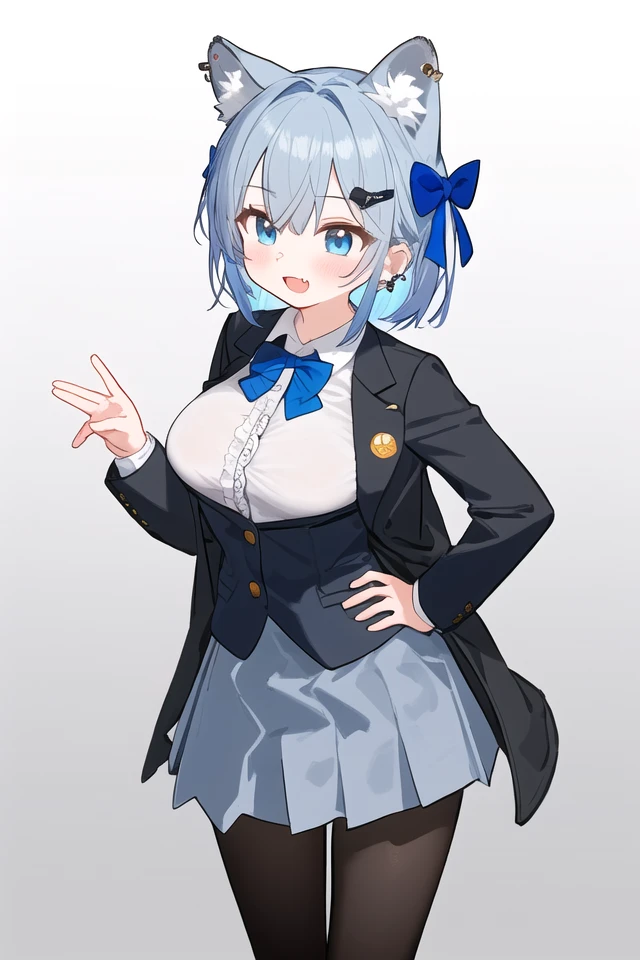 girl, absurdres, animal ears, bangs, black jacket, blazer, blue bow, blue eyes, blue hair, blue ribbon, blue skirt, bow, bowtie, breasts, brown pantyhose, collared shirt, commentary request, cowboy shot, dress shirt, ear piercing, fang, frilled skirt, frills, full body, gradient background, grey background, grey skirt, hair ornament, hair ribbon, hand on hip, highres, holding strap, hol