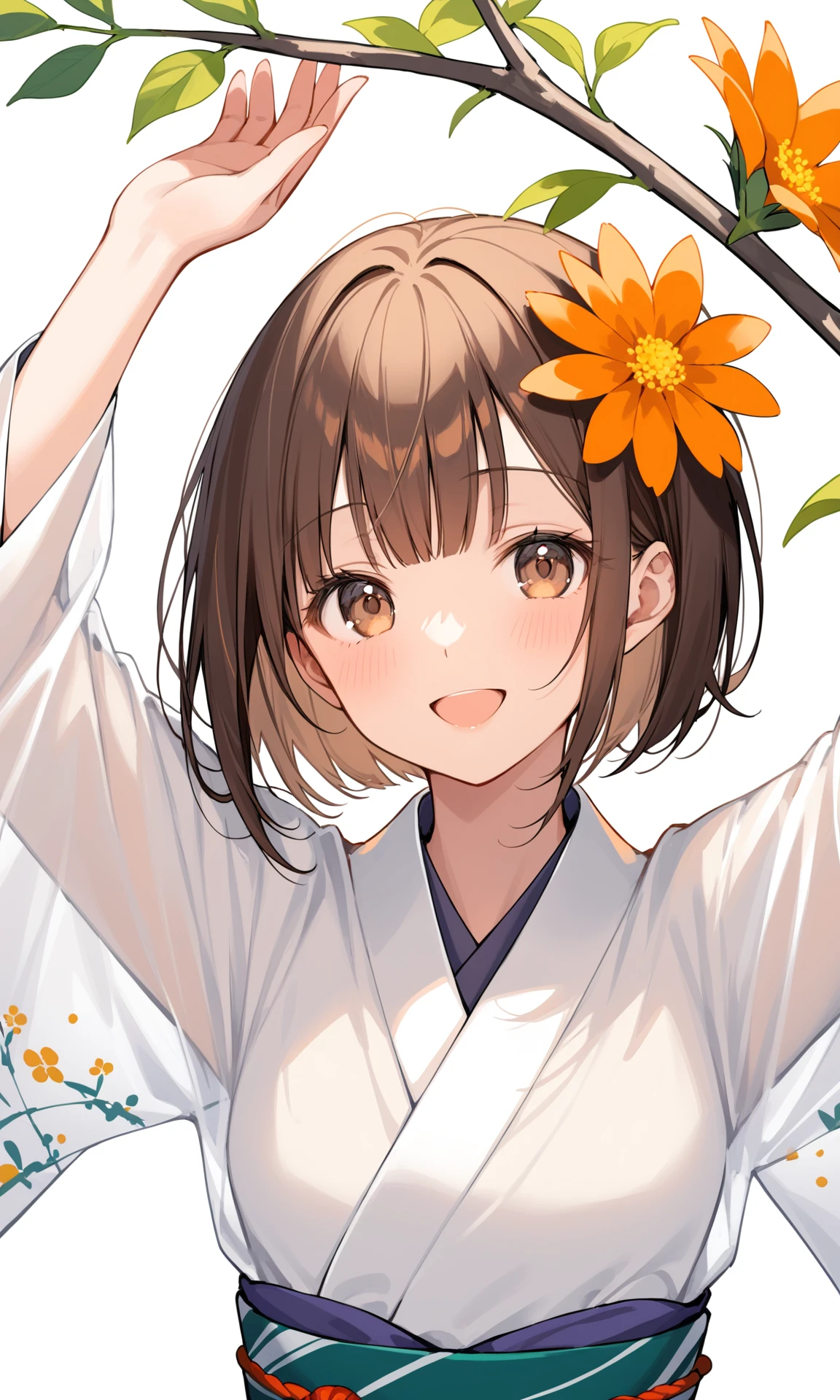 1girl,solo,brown hair,japanese clothes,sash,kimono,obi,blush,bangs,wide sleeves,smile,short hair,upper body,flower,long sleeves,white kimono,open mouth,brown eyes,orange flower,arms up,see-through,hands up,white background,looking at viewer,branch,:d,simple background,parted lips,